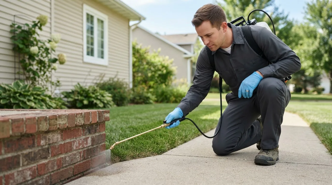 Pest control technician treating a home near South Dos Palos, CA