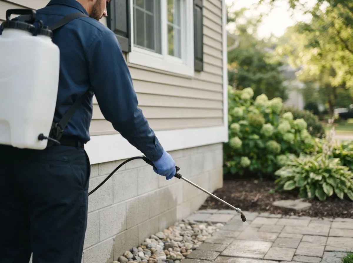 Pest control technician inspecting a home in South Dos Palos, CA